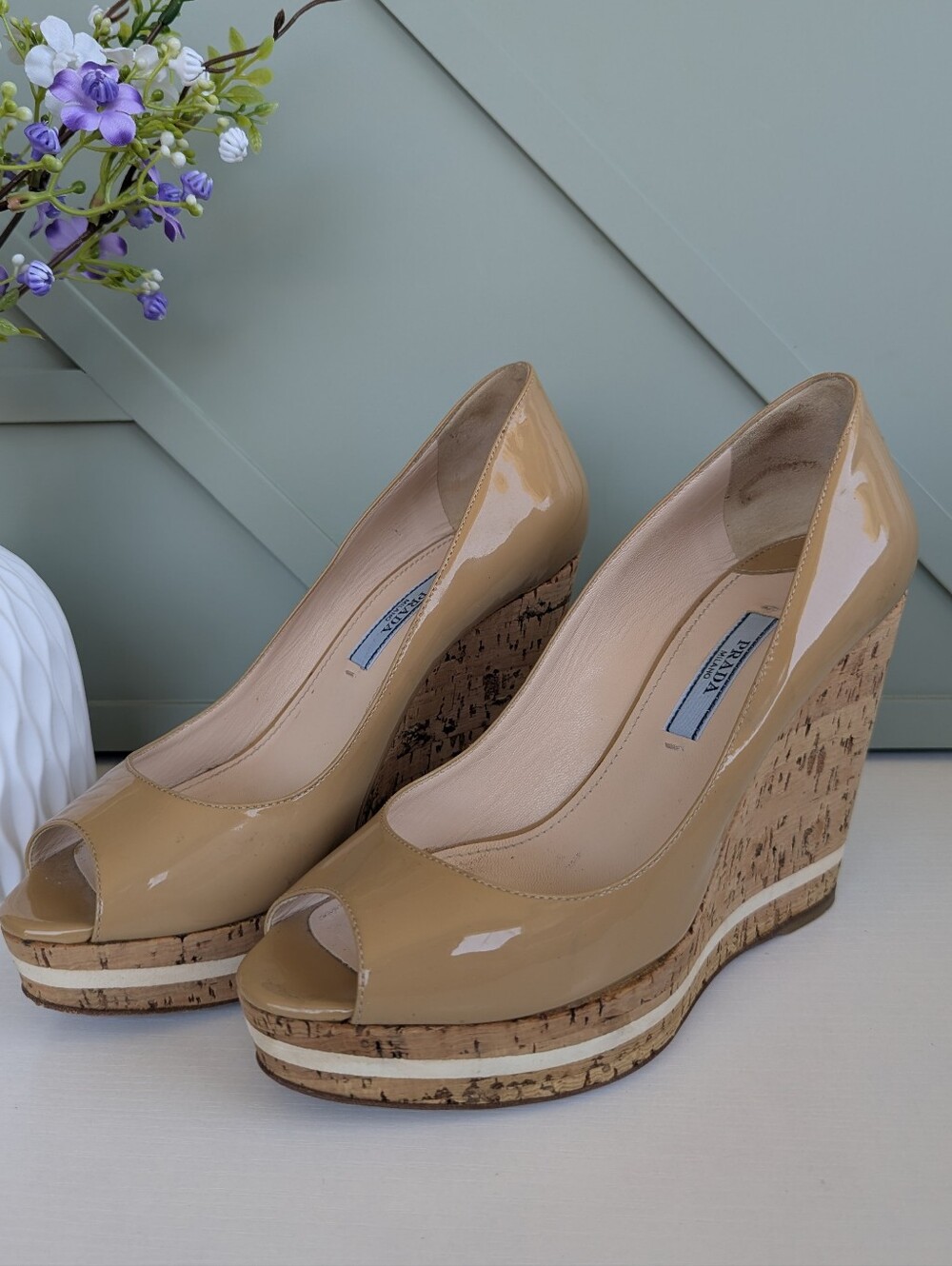 Prada Beige Patent Peep-Toe Cork Wedges